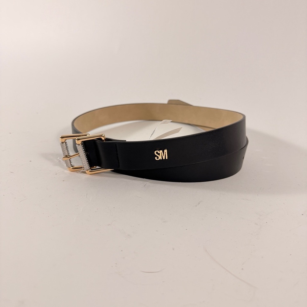 Steve Madden Black Leather Belt with Gold Buckle